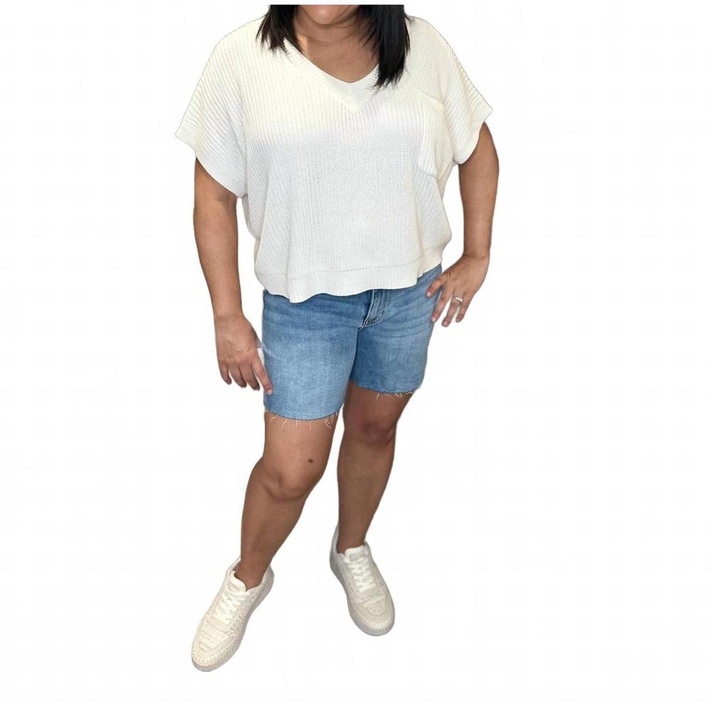 NEW CES FEMME v-neck boxy fit lightweight spring knit sweater top in off white